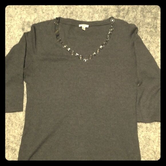 Nine West Embellished Gray Shirt 3/4 Sleeve Top - Picture 1 of 4